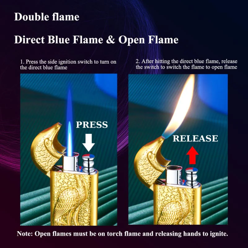 Double Flame Embossed Grus Japonensis Refillable Butane Lighter - Image 7