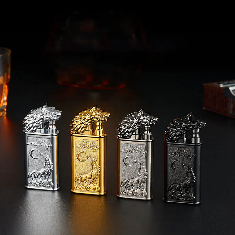 Double Flame Embossed Roaring Wolf Refillable Butane Lighter - Image 2