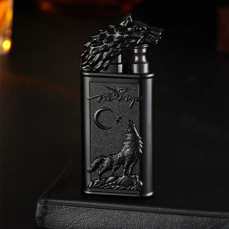 Double Flame Embossed Roaring Wolf Refillable Butane Lighter - Image 3