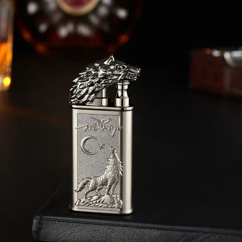 Double Flame Embossed Roaring Wolf Refillable Butane Lighter - Image 5