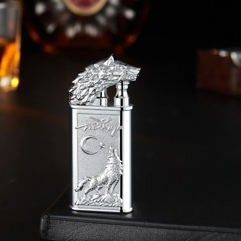 Double Flame Embossed Roaring Wolf Refillable Butane Lighter - Image 6