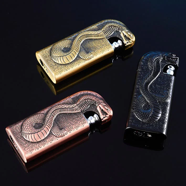Double Flame Embossed Serpent King Refillable Butane Lighter - Image 5