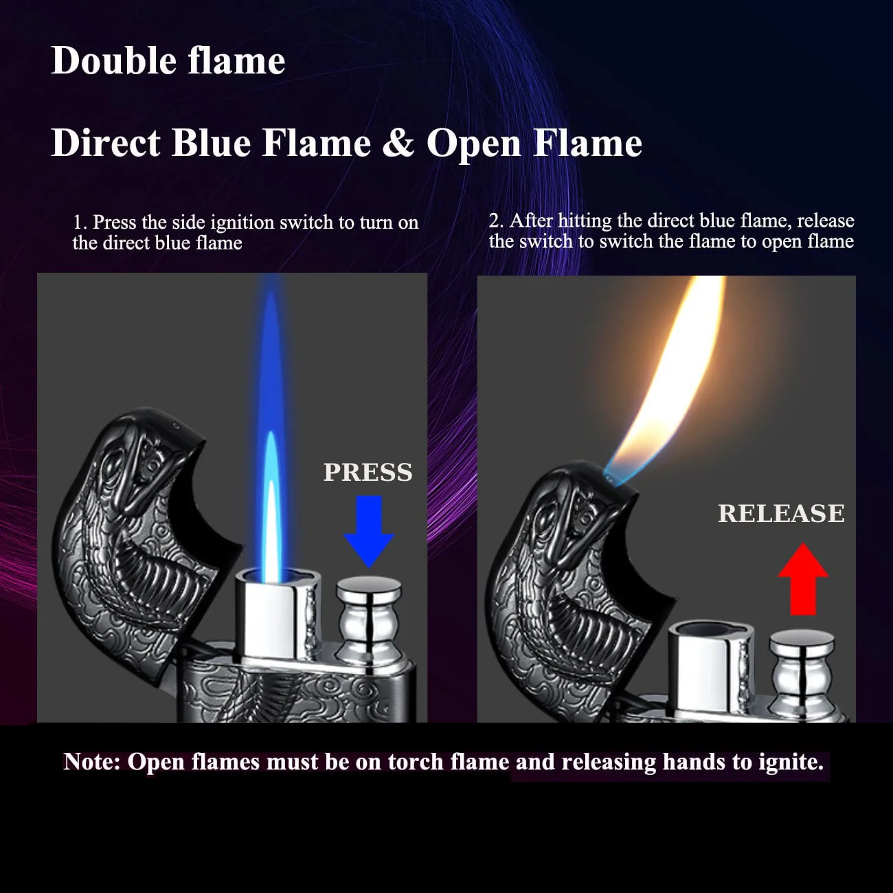 Double Flame Embossed Serpent King Refillable Butane Lighter - Image 9