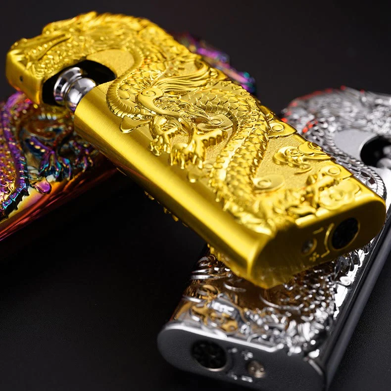 Double Flame Embossed Vivid Dragon Refillable Butane Lighter - Image 11