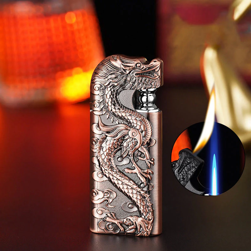 Double Flame Embossed Vivid Dragon Refillable Butane Lighter - Image 16