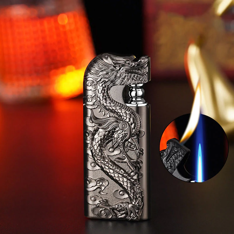 Double Flame Embossed Vivid Dragon Refillable Butane Lighter - Image 17