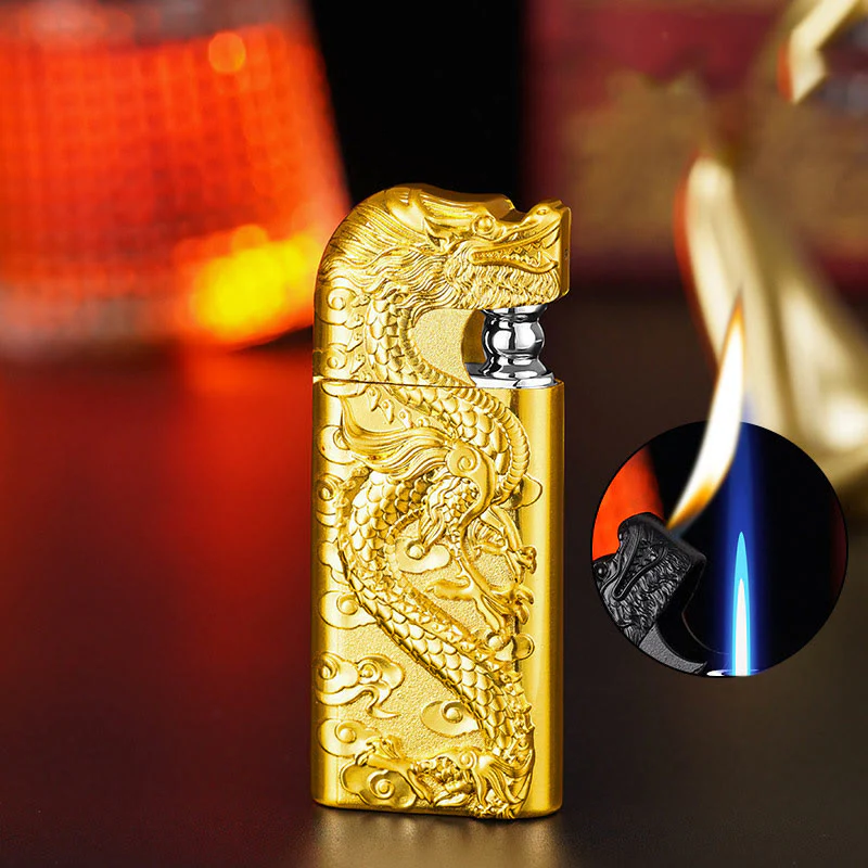 Double Flame Embossed Vivid Dragon Refillable Butane Lighter - Image 18