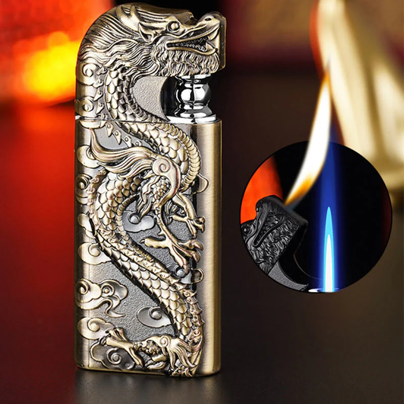 Double Flame Embossed Vivid Dragon Refillable Butane Lighter - Image 2