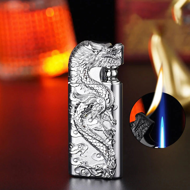 Double Flame Embossed Vivid Dragon Refillable Butane Lighter - Image 20
