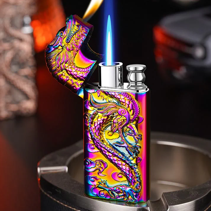 Double Flame Embossed Vivid Dragon Refillable Butane Lighter - Image 3