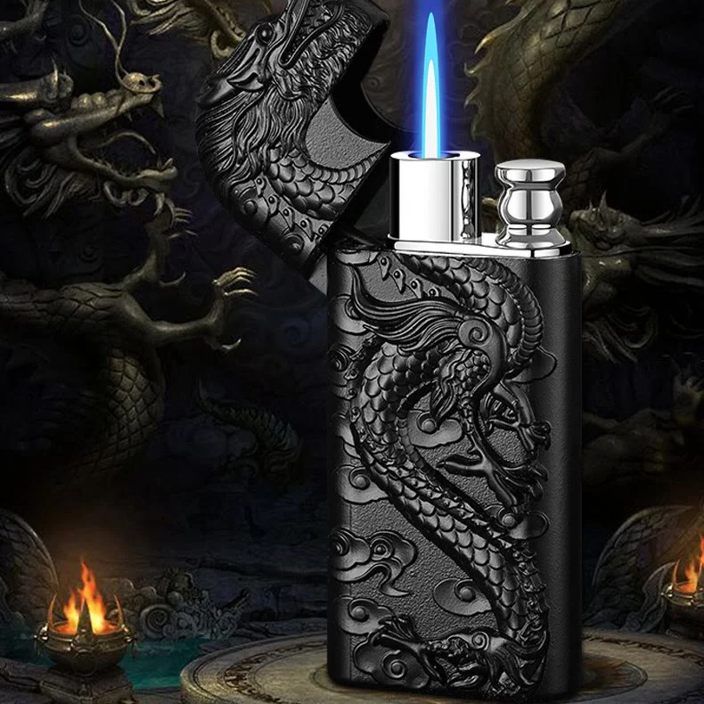 Double Flame Embossed Vivid Dragon Refillable Butane Lighter - Image 4