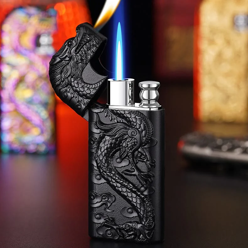 Double Flame Embossed Vivid Dragon Refillable Butane Lighter - Image 5