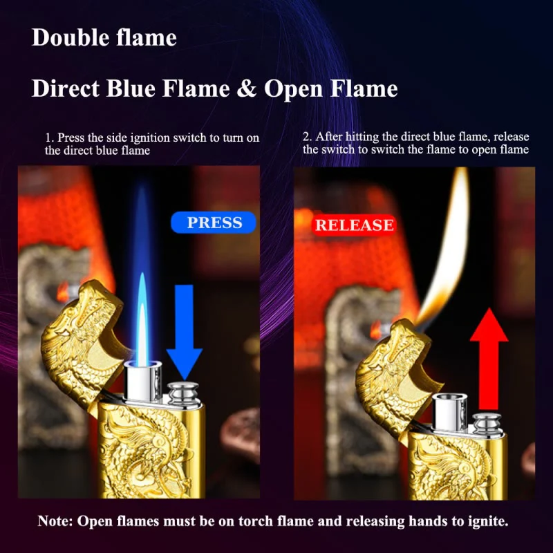 Double Flame Embossed Vivid Dragon Refillable Butane Lighter - Image 8