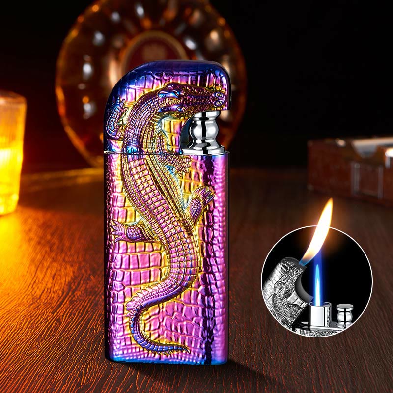 Double Flame Embossed Wild Crocodile Refillable Butane Lighter - Image 12