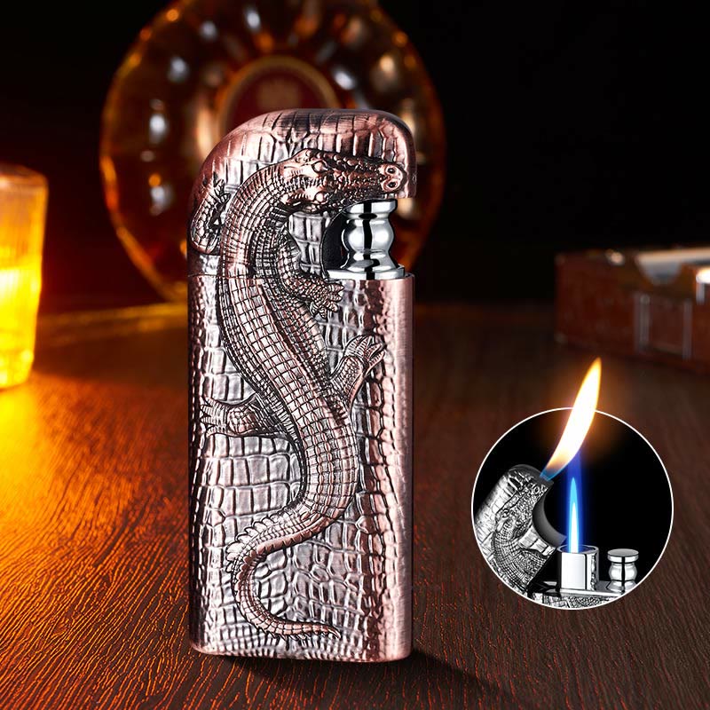 Double Flame Embossed Wild Crocodile Refillable Butane Lighter - Image 13