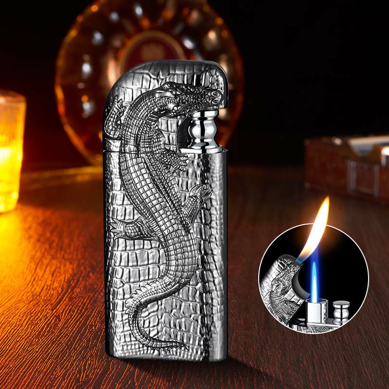 Double Flame Embossed Wild Crocodile Refillable Butane Lighter - Image 14