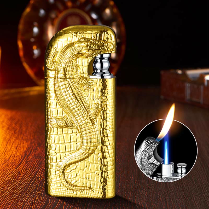 Double Flame Embossed Wild Crocodile Refillable Butane Lighter - Image 15