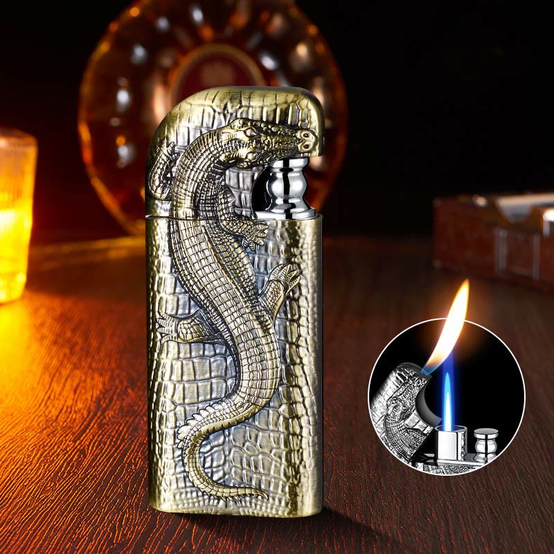 Double Flame Embossed Wild Crocodile Refillable Butane Lighter - Image 16