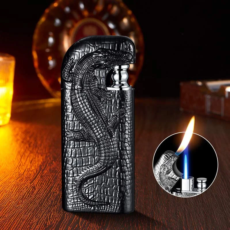 Double Flame Embossed Wild Crocodile Refillable Butane Lighter - Image 17