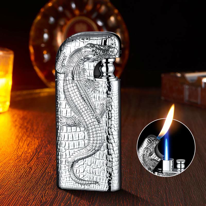 Double Flame Embossed Wild Crocodile Refillable Butane Lighter - Image 19