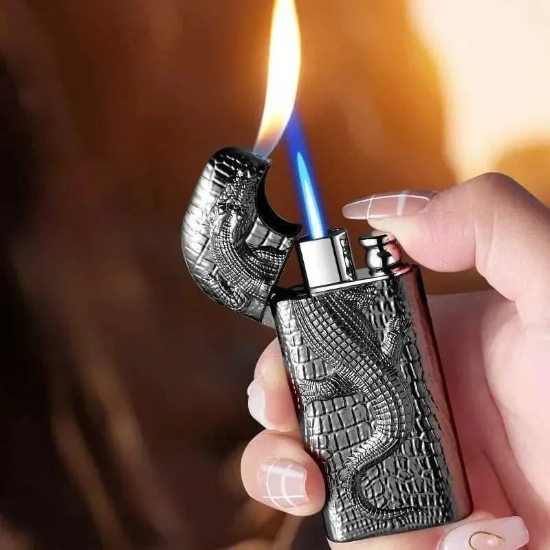 Double Flame Embossed Wild Crocodile Refillable Butane Lighter - Image 2