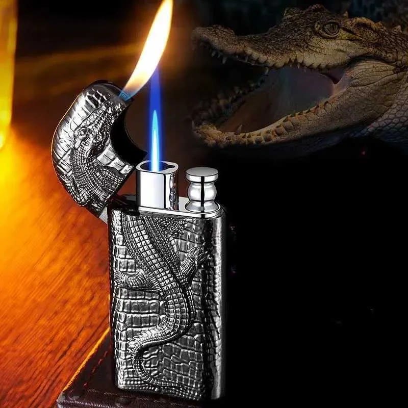 Double Flame Embossed Wild Crocodile Refillable Butane Lighter - Image 3