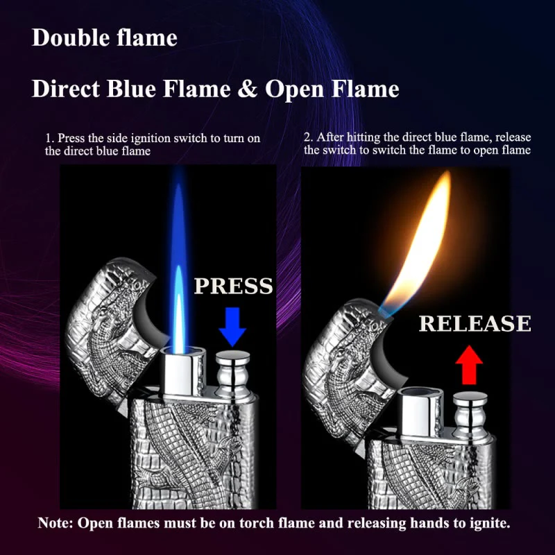 Double Flame Embossed Wild Crocodile Refillable Butane Lighter - Image 4