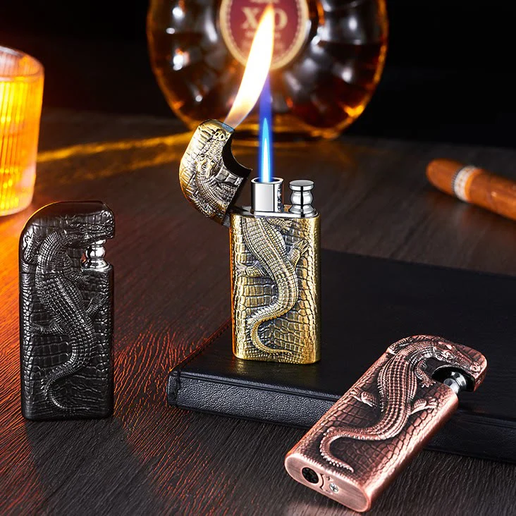 Double Flame Embossed Wild Crocodile Refillable Butane Lighter - Image 5
