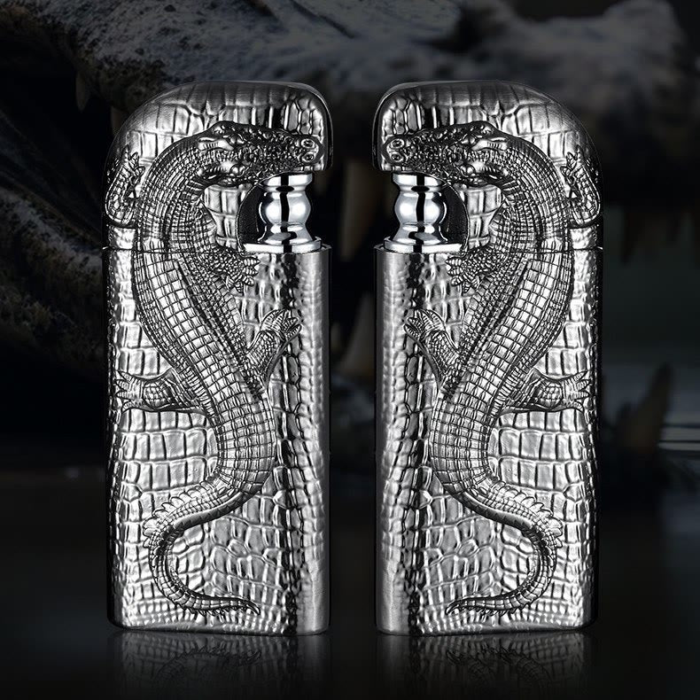 Double Flame Embossed Wild Crocodile Refillable Butane Lighter - Image 8