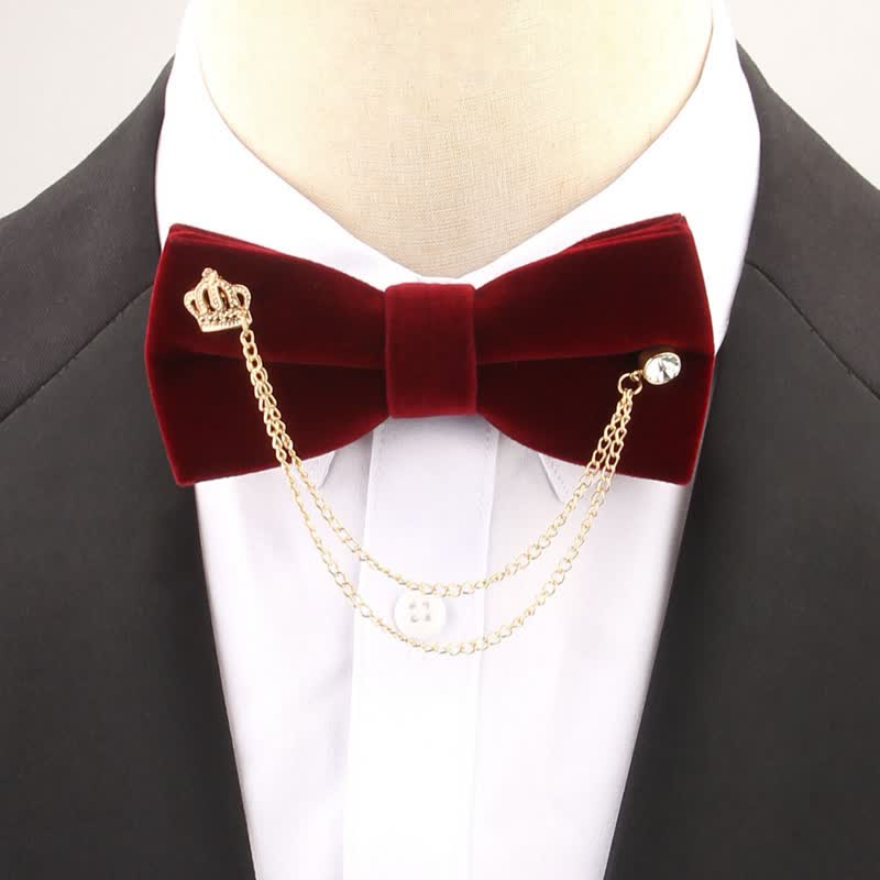 Double Layered Golden Chain Solid Color Velvet Bow Tie - Image 2