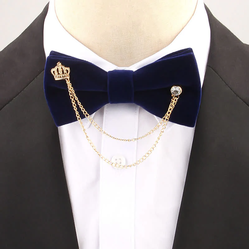 Double Layered Golden Chain Solid Color Velvet Bow Tie - Image 4