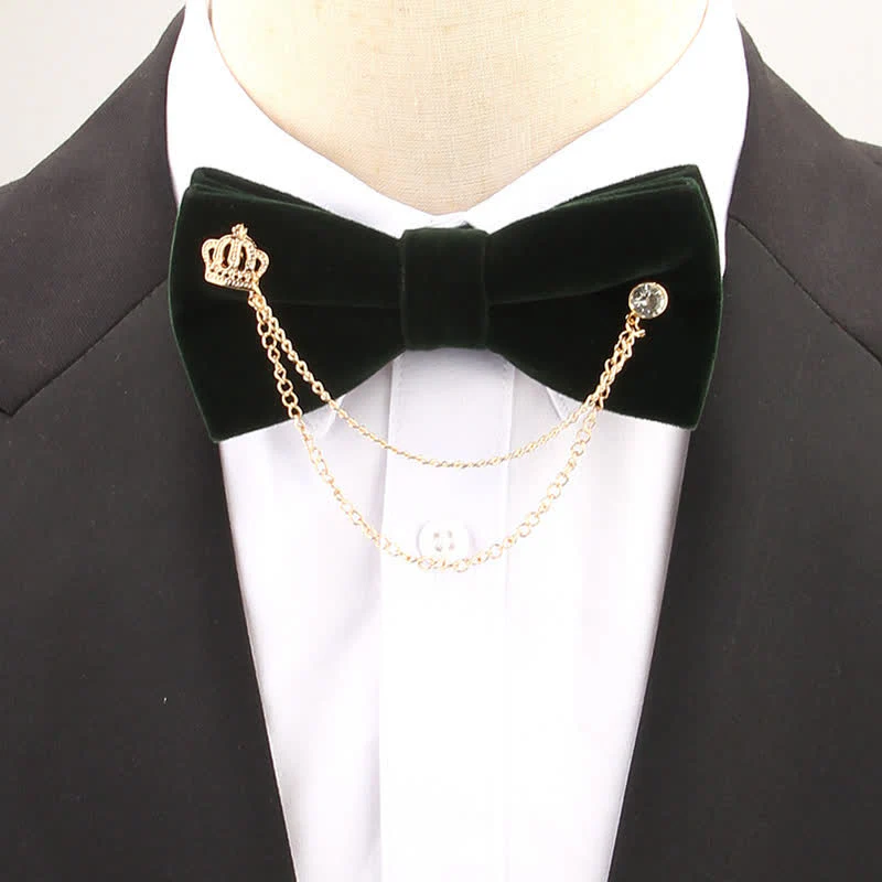 Double Layered Golden Chain Solid Color Velvet Bow Tie - Image 5