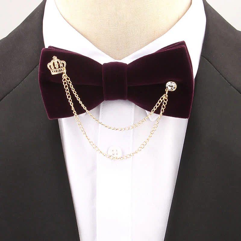 Double Layered Golden Chain Solid Color Velvet Bow Tie - Image 7