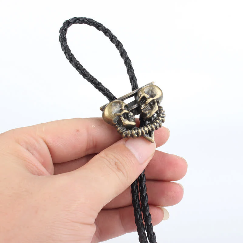 Double Skeleton Skull Heads Bolo Tie - Image 2