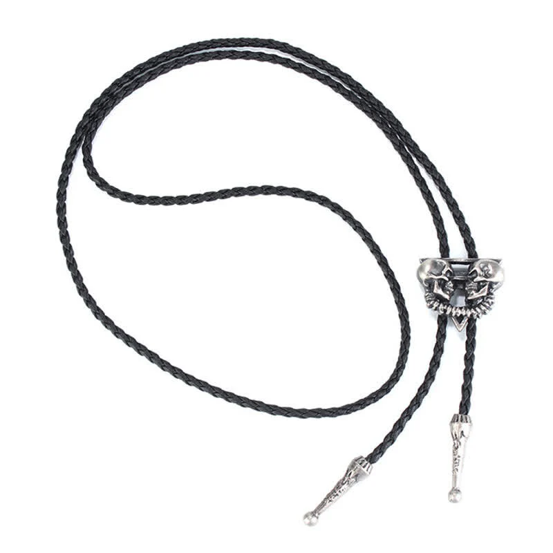 Double Skeleton Skull Heads Bolo Tie - Image 4