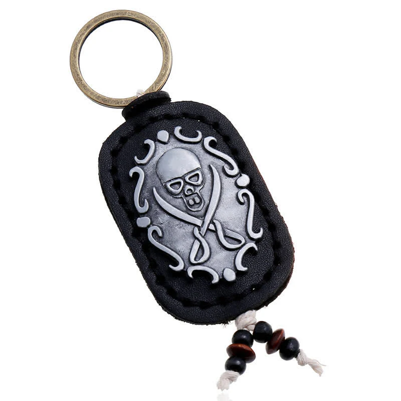 Double Swords Skull Pendant Leather Keychain - Image 4