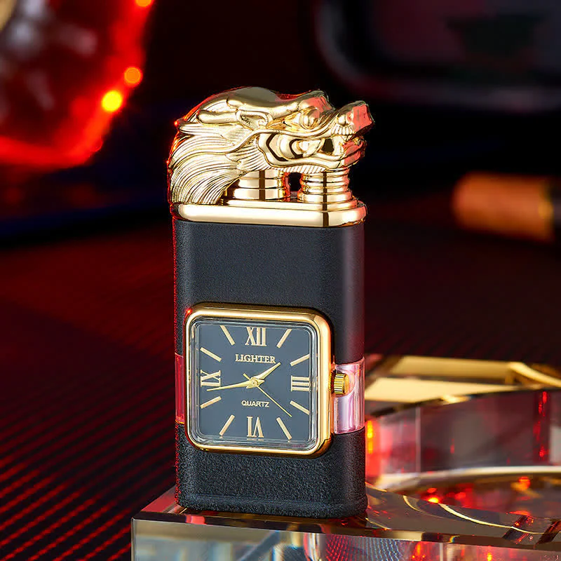 Dragon Design Refillable Double Flame Butane Lighter With Clock - Image 2