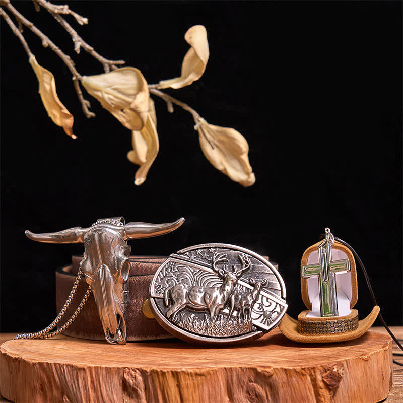 Dual Deers DIY Hidden Knife Belt Buckle Bull Pendant Creative Cross Necklace Bundle Set - Image 11