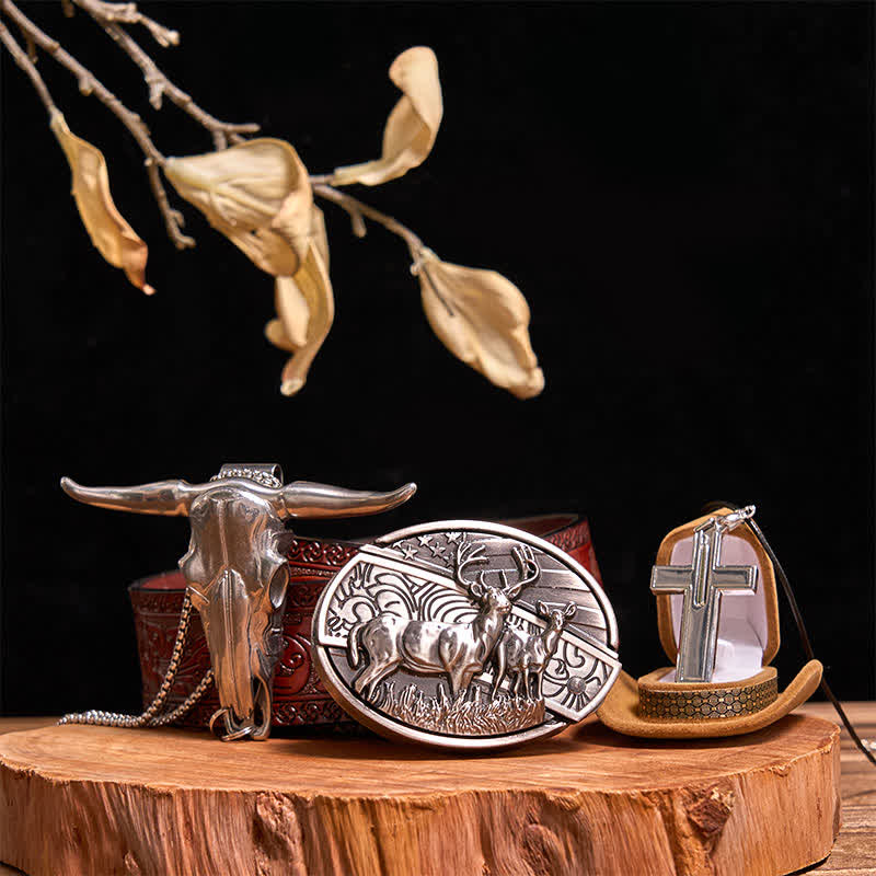 Dual Deers DIY Hidden Knife Belt Buckle Bull Pendant Creative Cross Necklace Bundle Set - Image 12