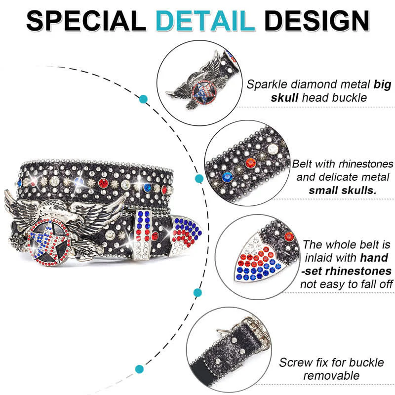 Eagle Buckle Red & Blue Star Sequin Rivets Leather Belt - Image 3