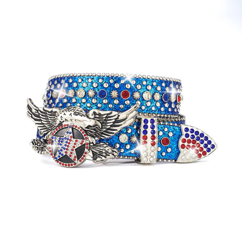 Eagle Buckle Red & Blue Star Sequin Rivets Leather Belt - Image 4