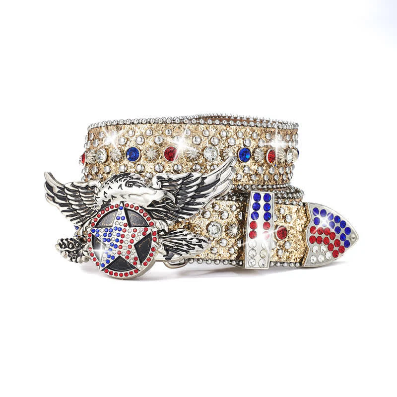 Eagle Buckle Red & Blue Star Sequin Rivets Leather Belt - Image 5