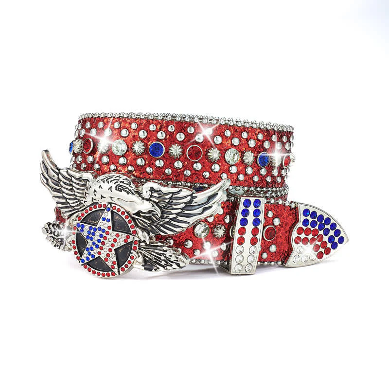 Eagle Buckle Red & Blue Star Sequin Rivets Leather Belt - Image 6