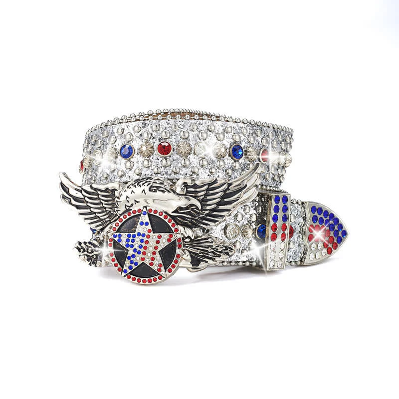 Eagle Buckle Red & Blue Star Sequin Rivets Leather Belt - Image 7