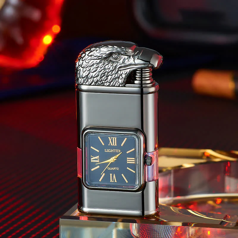 Eagle Head Design Refillable Double Flame Butane Lighter With Clock