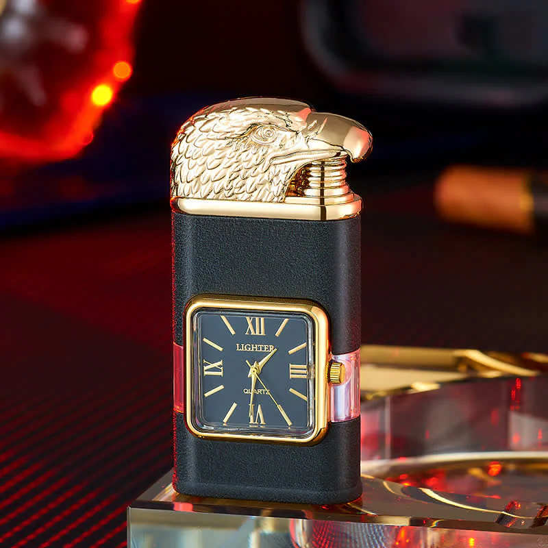 Eagle Head Design Refillable Double Flame Butane Lighter With Clock - Image 6