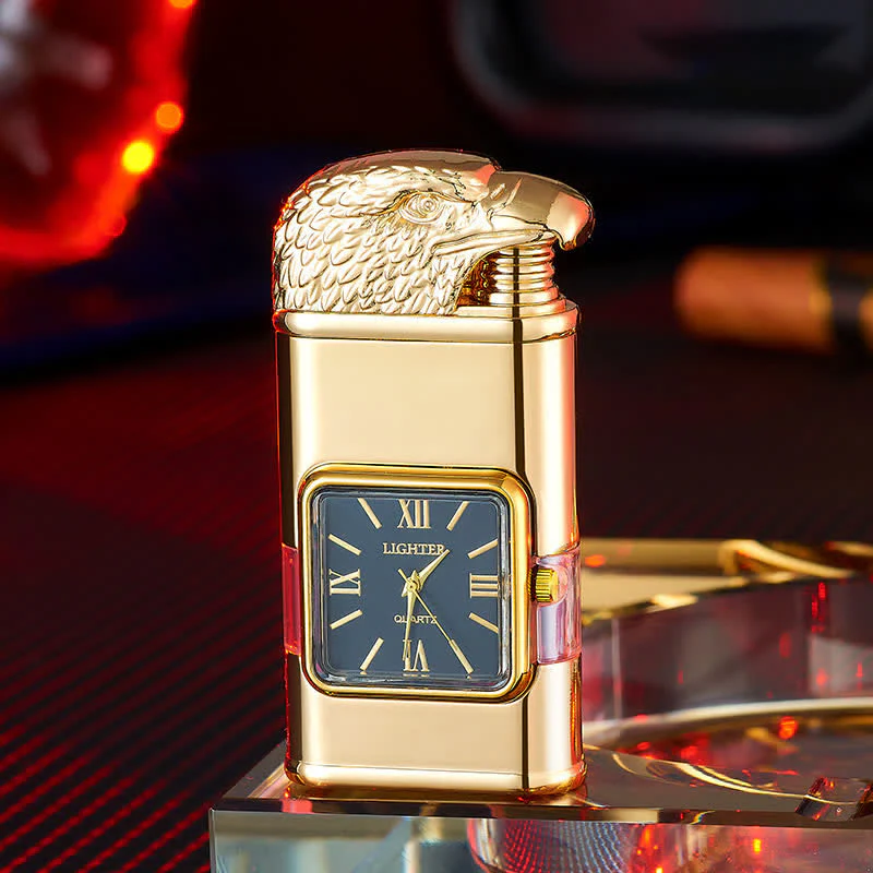 Eagle Head Design Refillable Double Flame Butane Lighter With Clock - Image 8