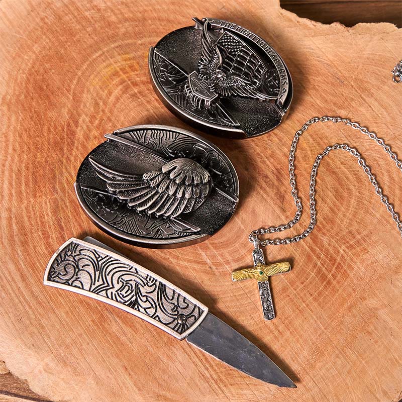 Eagle Wings DIY Hidden Knife Belt Buckle With Eagle Cross Necklace Bundle Set - Image 3