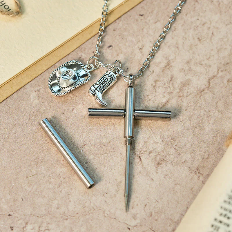 EDC Tool Cross Self-defense Needle & Silver Pendant Necklace - Image 2