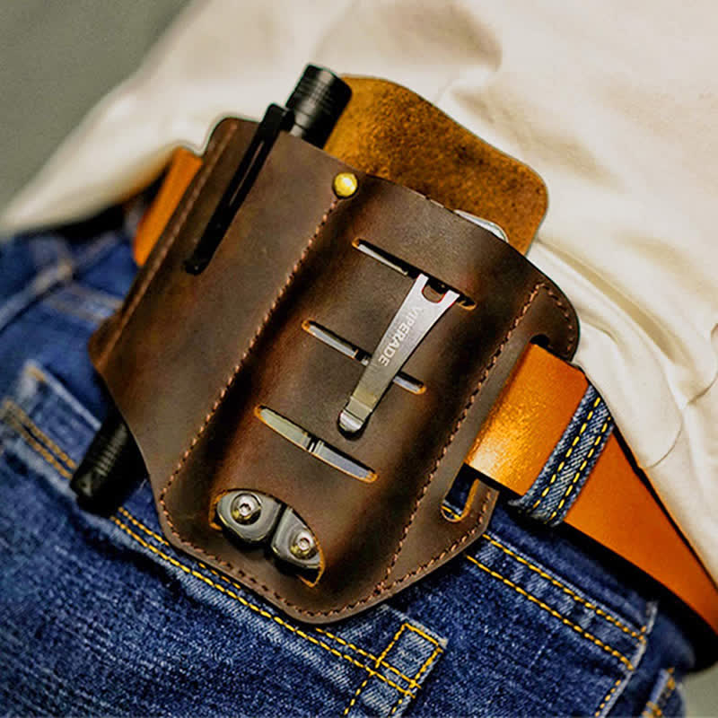 EDC Tool Storage Holster Folding Knife Flashlight Leather Belt Bag